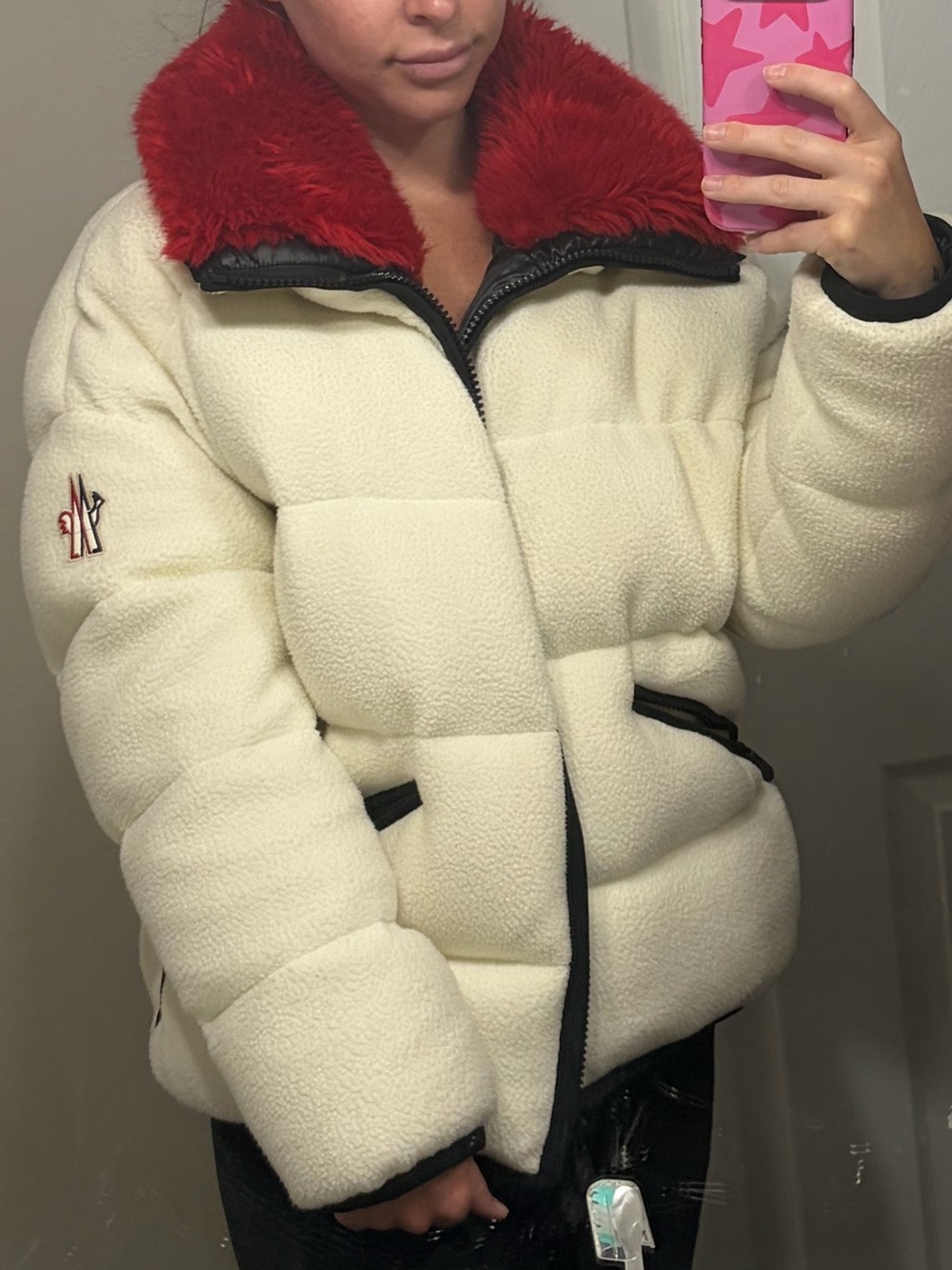 White Moncler Sherpa Puffer Jacket with Red Fur Collar - Picture 8 of 10
